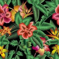 exotisch tropisch bladeren naadloos patroon met abstract kleurrijk bloemen planten en gebladerte Aan nacht achtergrond. abstract hibiscus bloemen. vector ontwerp. oerwoud afdrukken. bloemen achtergrond. zomer ontwerp