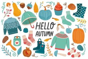 herfst pictogrammen reeks vector illustratie bladeren, pompoenen, trui, schattig dieren, sokken, bloemen krans