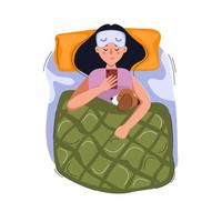 meisje en hond in de bed. vrouw kan niet slaap, looks Bij de telefoon. slaap apneu, snurken, Gezondheid slaap concept. vector vlak illustratie.