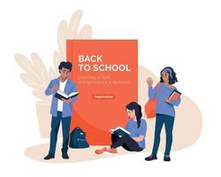 schoolkinderen, tiener. meisje en vent met een boek. terug naar school. vector afbeelding.