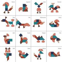 puzzel spel blad voor kinderen. tangram. schema's met verschillend dieren. vector illustratie