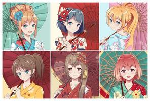 reeks van schattig anime tekens avatar. in kimono en een paraplu. tekenfilm meisjes en jongens portretten. kleurrijk hand- getrokken illustratie verzameling vector