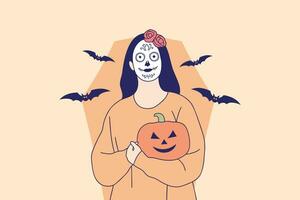 illustraties van mooi jong vrouw met schedel bedenken Holding pompoen jack O lantaarn voor halloween carnaval concept vector