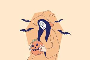 illustraties van mooi jong vrouw met schedel bedenken Holding pompoen jack O lantaarn voor halloween carnaval concept vector