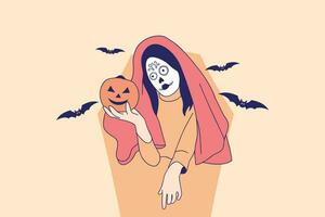 illustraties van mooi jong vrouw met schedel bedenken Holding pompoen jack O lantaarn voor halloween carnaval concept vector