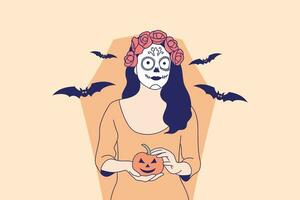 illustraties van mooi jong vrouw met schedel bedenken Holding pompoen jack O lantaarn voor halloween carnaval concept vector