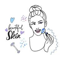 mooi huid, handgeschreven belettering, zorg cosmetica, meisje met gelaats massage rol vector