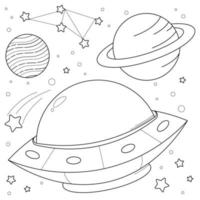 ufo in buitenste ruimte geschikt voor kinderen kleur bladzijde vector illustratie