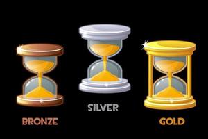 gouden, zilver, bronzen zandloper voor meten de tijd voor spel. vector