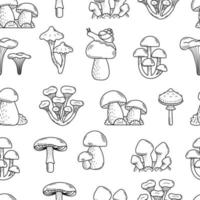 naadloos patroon van schattig tekening champignons. eetbaar en giftig paddestoelen, vlieg zwam, paddenstoel, porcini paddestoel. vector hand- illustratie