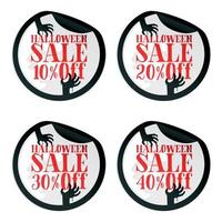 zwart halloween uitverkoop stickers reeks met zombie handen 10, 20, 30, 40 procent uit vector