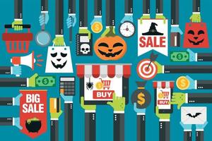 concept ontwerp halloween uitverkoop vlak, met laptop, smartphone online boodschappen doen vector