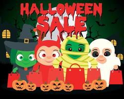 halloween uitverkoop achtergrond met kinderen in grappig halloween kostuum vector