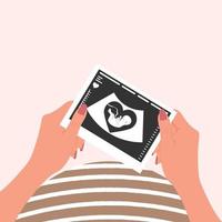 een gelukkig zwanger vrouw houdt een fotograaf van een foetaal echografie scannen in beide handen. echografie afbeelding van de baby. vector