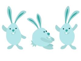 reeks van konijnen in tekenfilm stijl, symbool van de jaar of Pasen mascotte in blauw vector