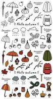 herfst knus tekening elementen verzameling. hand- getrokken geïsoleerd stickers truien, takken, paraplu's, bladeren, pompoenen, wolken. schattig herfst vector illustratie klem kunst