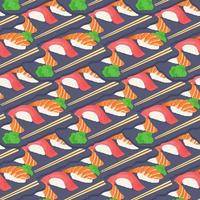 naadloos patroon met traditioneel Japans sushi met tonijn, garnaal en forel. vector illustratie van voedsel.