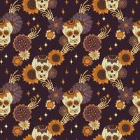 boho hallowen een mystiek naadloos patroon met een schedel en hand- botten. bloemen magisch achtergrond in een retro stijl. mystiek vector illustratie van sterren en zonnebloemen.