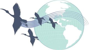 silhouet ooievaar vogelstand vliegend met aarde planeet vector