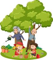 bejaarde echtpaar met hun kleinkinderen tuinieren vector