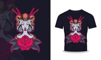 geisha en boos schedel t-shirt ontwerp illustratie vector