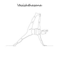 doorlopend lijn tekening. jong vrouw maken yoga oefening, silhouet afbeelding. een lijn getrokken zwart en wit illustratie. vasishthasana vector