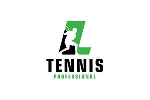 brief l met tennis speler silhouet logo ontwerp. vector ontwerp sjabloon elementen voor sport team of zakelijke identiteit.