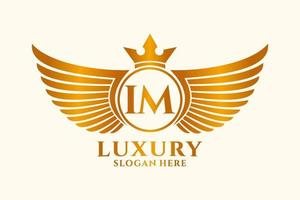 luxe Koninklijk vleugel brief im kam goud kleur logo vector, zege logo, kam logo, vleugel logo, vector logo sjabloon.