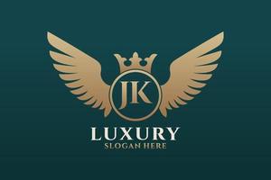 luxe Koninklijk vleugel brief jk kam goud kleur logo vector, zege logo, kam logo, vleugel logo, vector logo sjabloon.