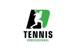 letter d met tennisspeler silhouet logo ontwerp. vectorontwerpsjabloonelementen voor sportteam of huisstijl. vector