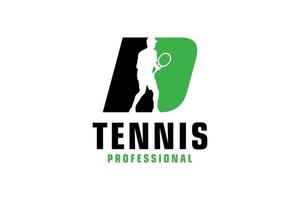 letter d met tennisspeler silhouet logo ontwerp. vectorontwerpsjabloonelementen voor sportteam of huisstijl. vector