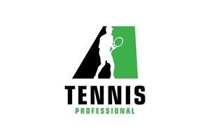 letter a met tennisspeler silhouet logo ontwerp. vectorontwerpsjabloonelementen voor sportteam of huisstijl. vector