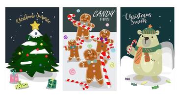 een reeks van schattig Kerstmis kaarten. ansichtkaarten met Kerstmis motieven de kerstman claus, beer, sneeuwman, slee met geschenken, Kerstmis boom, pinguïn, auto met Kerstmis boom, huis, ontbijtkoek. vector illustratie
