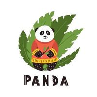 panda in een rood trui Aan een achtergrond van tropisch bladeren vector