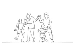tekening van dolblij familie jumping naar muziek- in leven kamer. single doorlopend lijn kunst vector