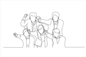 tekening van groep van verkoper en vrouw wie kijken omhoog. single lijn kunst stijl vector