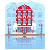 winter tijd amsterdam.gebouwen in de sneeuw nederland, europa.vector vlak illustratie.
