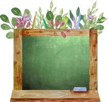 waterverf groen school- schoolbord in houten kader met bloemen en gras vector