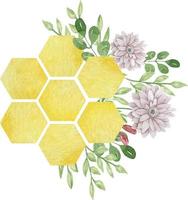 waterverf kleurrijk groot bijen kammen met bloemen en bladeren isola vector