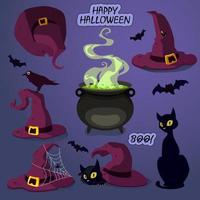 een reeks van vector illustraties van halloween hoeden. een heks hoed met een spin en een spin, een raaf, een glimworm, een zwart kat, een vat van toverdrank, vleermuizen gemarkeerd Aan een helling achtergrond.