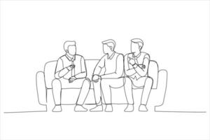 tekenfilm van vrienden zijn pratend Bij de groen sofa in leven kamer. single doorlopend lijn kunst stijl vector