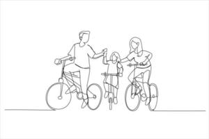 illustratie van op reis met familie vakantie samen. ecotoerisme door fiets. een lijn kunst stijl vector