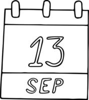 kalender hand- getrokken in tekening stijl. september 13. dag, datum. icoon, sticker element voor ontwerp. planning, bedrijf vakantie vector