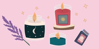 reeks van magie kaarsen in boho stijl, mystiek voorwerpen, lavendel en wedstrijden vector