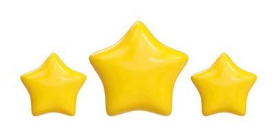 drie geel glanzend sterren. prestaties voor spellen. klant beoordeling feedback. realistisch 3d vector illustratie