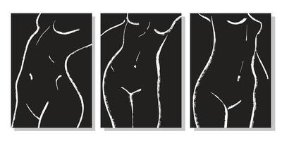 trendy lijn kunst vrouw lichaam prints set. vrouwelijke figuur hedendaagse esthetische poster. modern Scandinavisch design. naakte lichaamskunst. minimalistische zwarte lijnen tekenen. vector