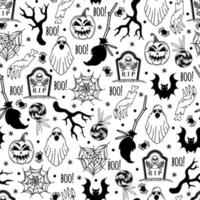 halloween naadloos vector patroon. herfst vakantie symbool - pompoen, spin web, knuppel, geest, graf, heks accessoires. zwart schets geïsoleerd Aan wit. achtergrond voor behang, omhulsel