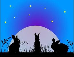 illustraties konijn in Woud nacht achtergrond vector