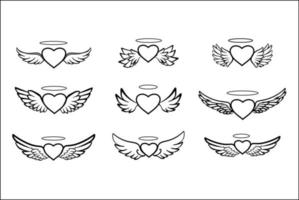 reeks van hand getekend engel Vleugels en hart lijn kunst illustraties vector