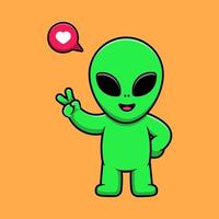 schattig buitenaards wezen met vrede hand- tekenfilm vector icoon illustratie. vlak tekenfilm concept